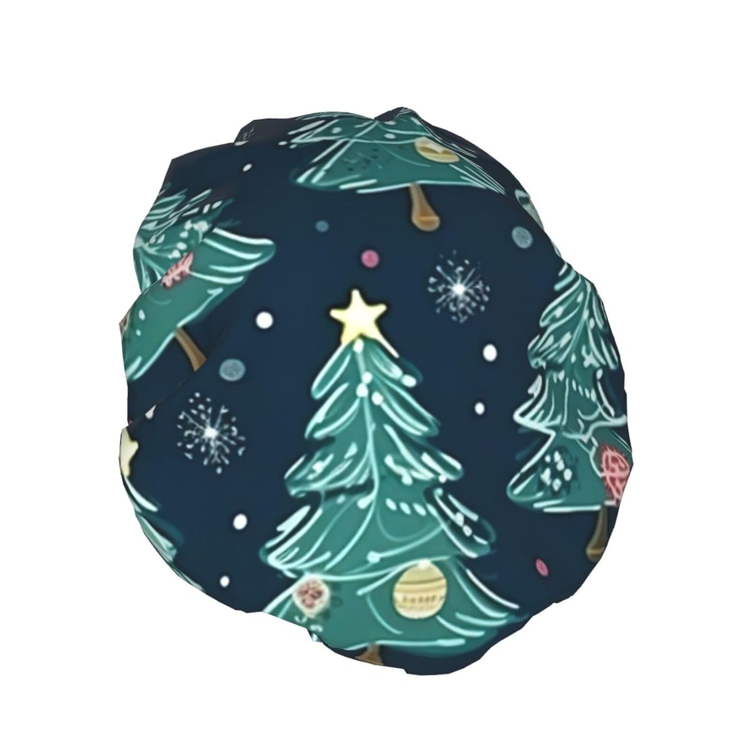 Double Layer Waterproof Shower Cap for Women - Lightweight, Portable, and Reusable Bath Accessory for Long Hair Xmas Tree Ball Stars