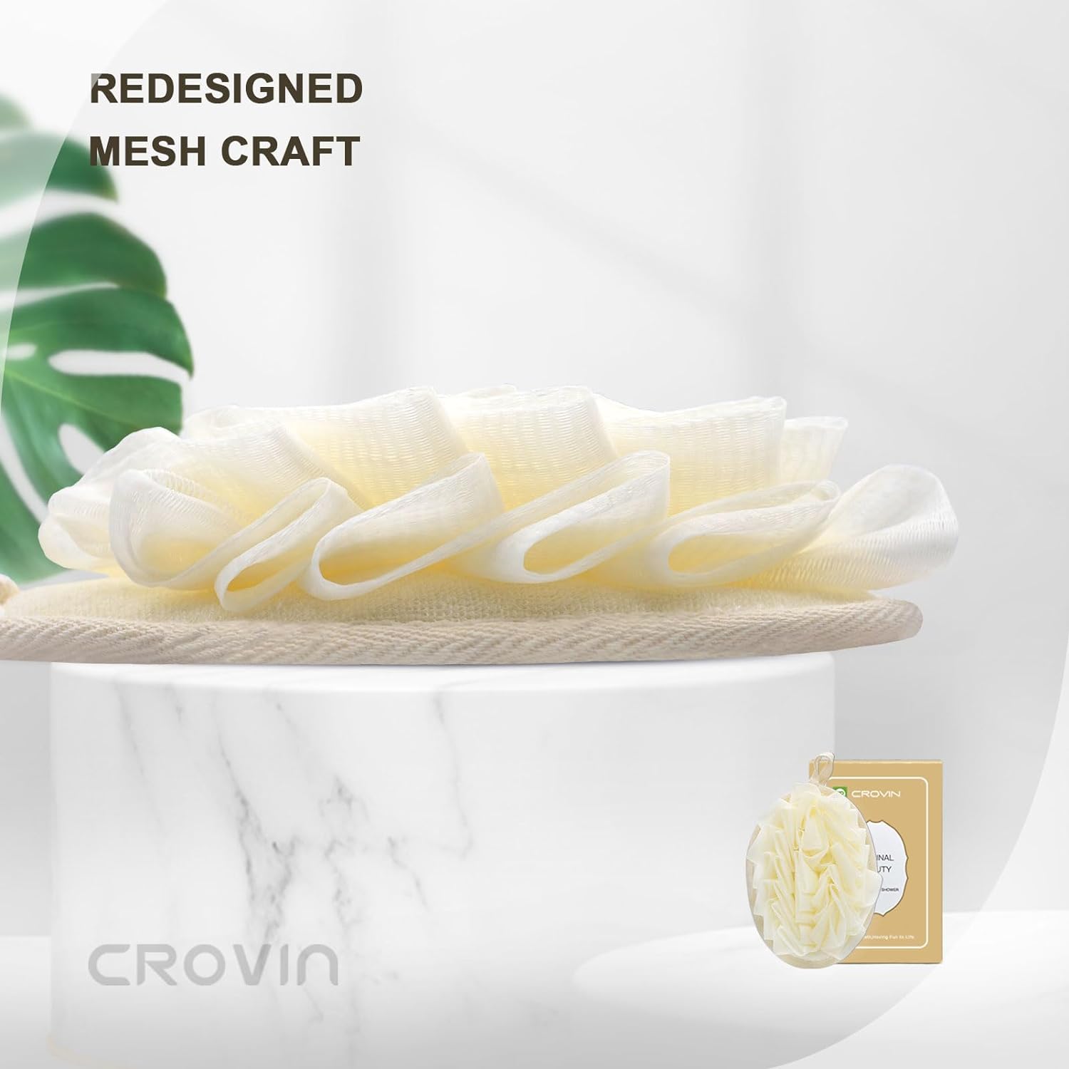 CROVIN Shower Puff 4 Pack Bath Sponge Shower Loofahs Pouf Large 7x5 Premium Exfoliating Mesh Puffs for Men and Women-Elastic Hand Strap Body Brush to Soothe, Cleanse Your Skin