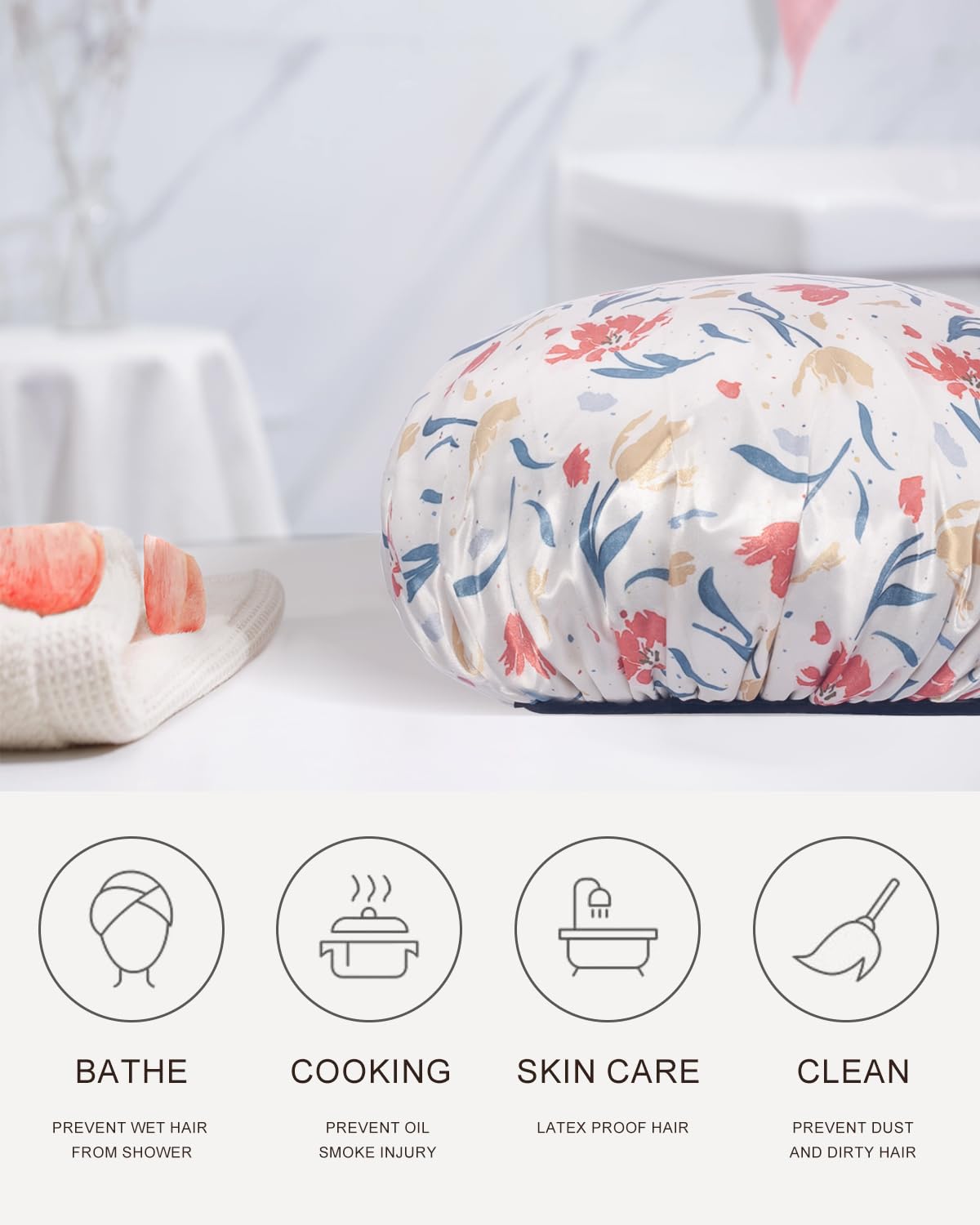 Aquior Shower Cap,Terry Cloth Lined Shower Cap for Women Reusable, Triple Layer Waterproof Bath Cap, Extra Large for Women Long Hair