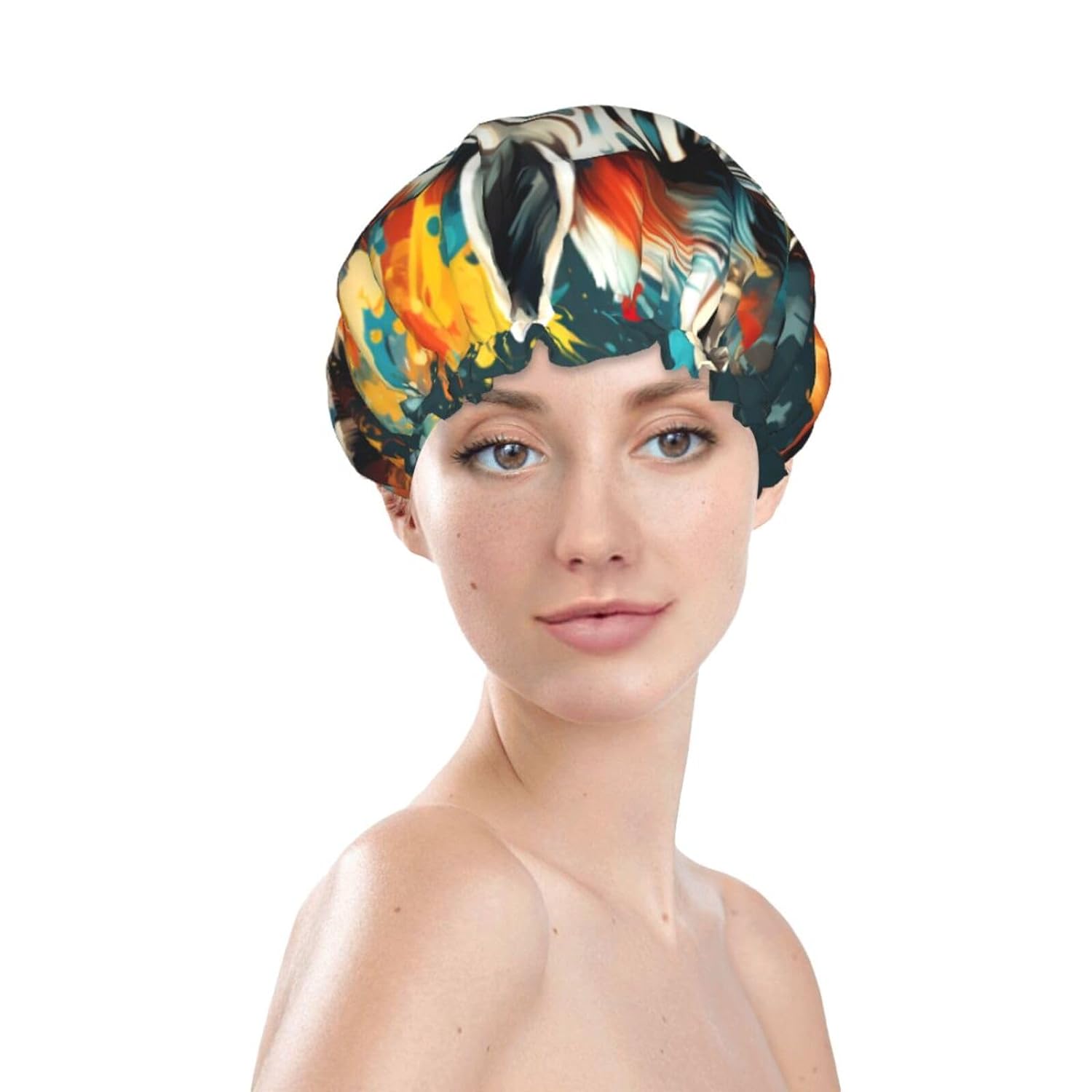 Ice Hockey print Print Reusable Shower Cap for Women,Double Waterproof Layers Bathing Hat,Quick Drying Bath Hair Cap