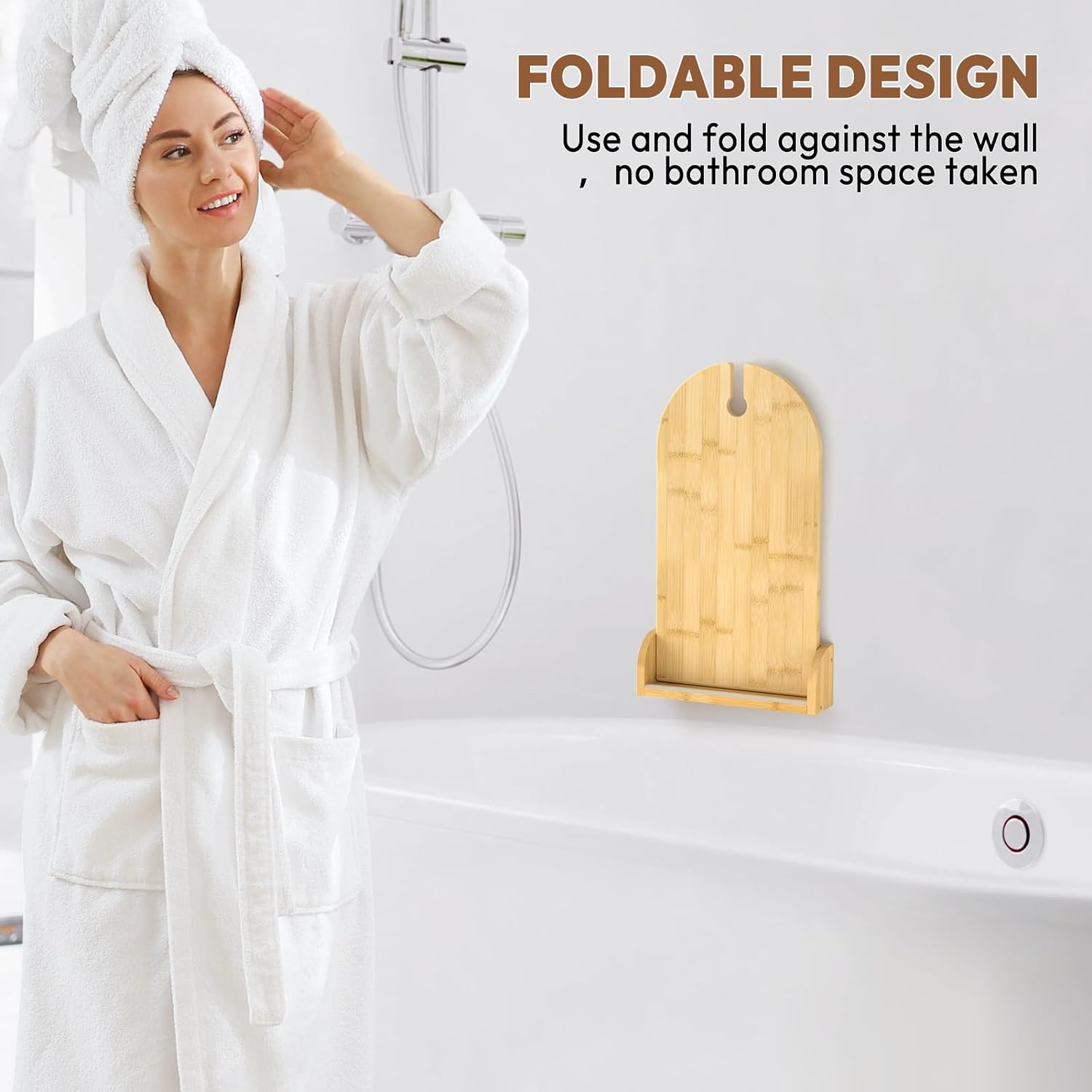 Yumkfoi Foldable Bathtub Side Tray with Adjustable Height, Bamboo Bath Table for Tubs Against Wall, Liftable Tub Caddy Shelf for Luxury Bath Spa and Gift Idea - Patent Protected (Non Freestanding)