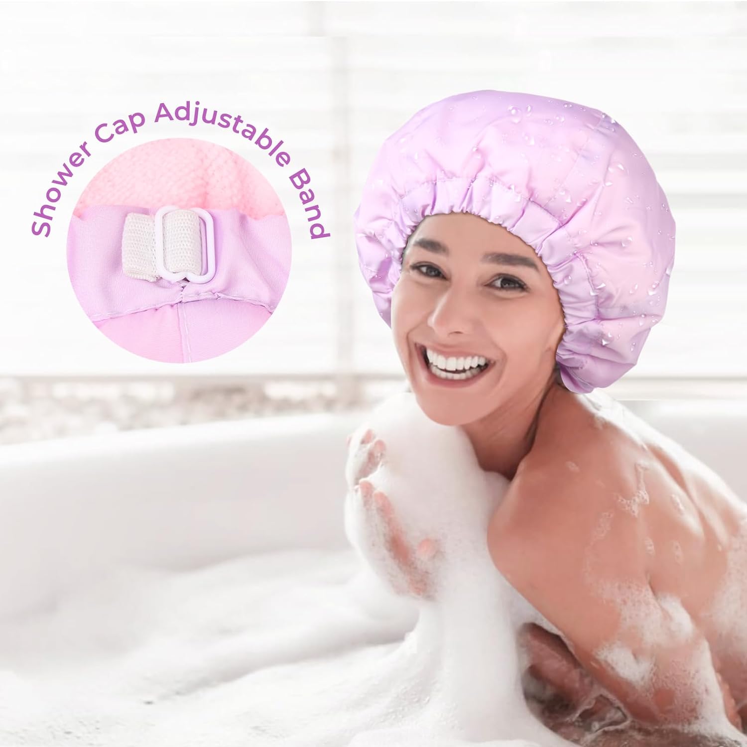 Shower Cap for Women Terry Lined Bath Cap Large Reusable Waterproof Elastic Band Pink Shower Caps for Long Thick Hair Soft Bath Shower Hair Caps