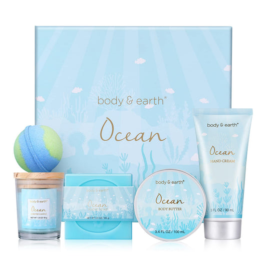 Gifts for Women, Bath Set with Ocean Scented Spa Gifts for Her, Includes Scented Candle, Body Butter, Hand Cream, Bath Bar and Bomb, 5 Pcs Bath Gift Sets, Gifts Set for Women, Valentine's Day Gifts