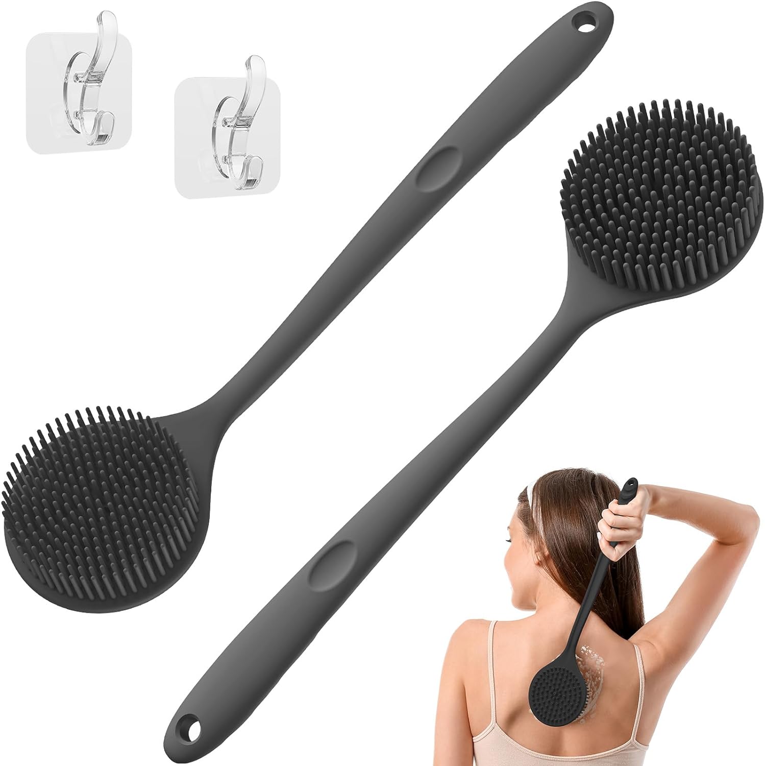 Manmihealth Silicone Back Scrubber(Thick Bristles) & Soft Bath Glove Set, Super-Exfoliating Body Scrubber & Super-Lathering Shower Brush Combination, with a Free Hook.(Black)