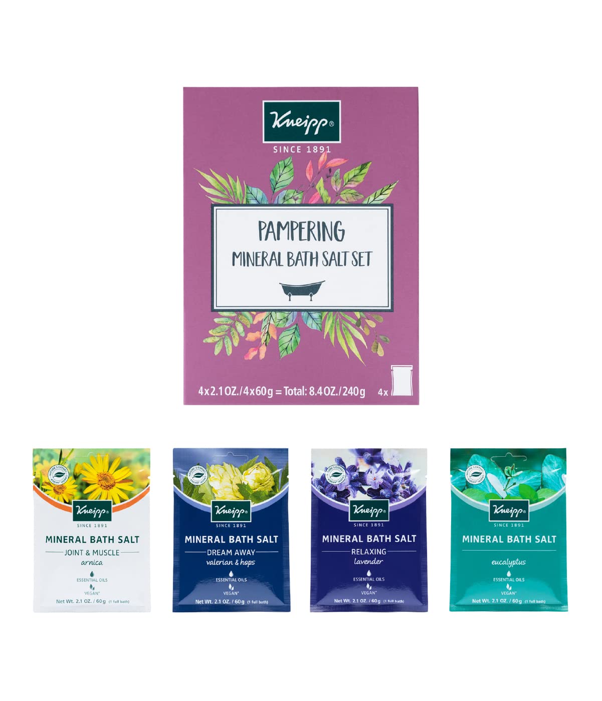 Kneipp Mineral Bath Salt Pampering Gift Set, Lavender, Dream Away, Arnica for Joints, Refreshing Eucalyptus, 2.1 Ounce 4-Pack
