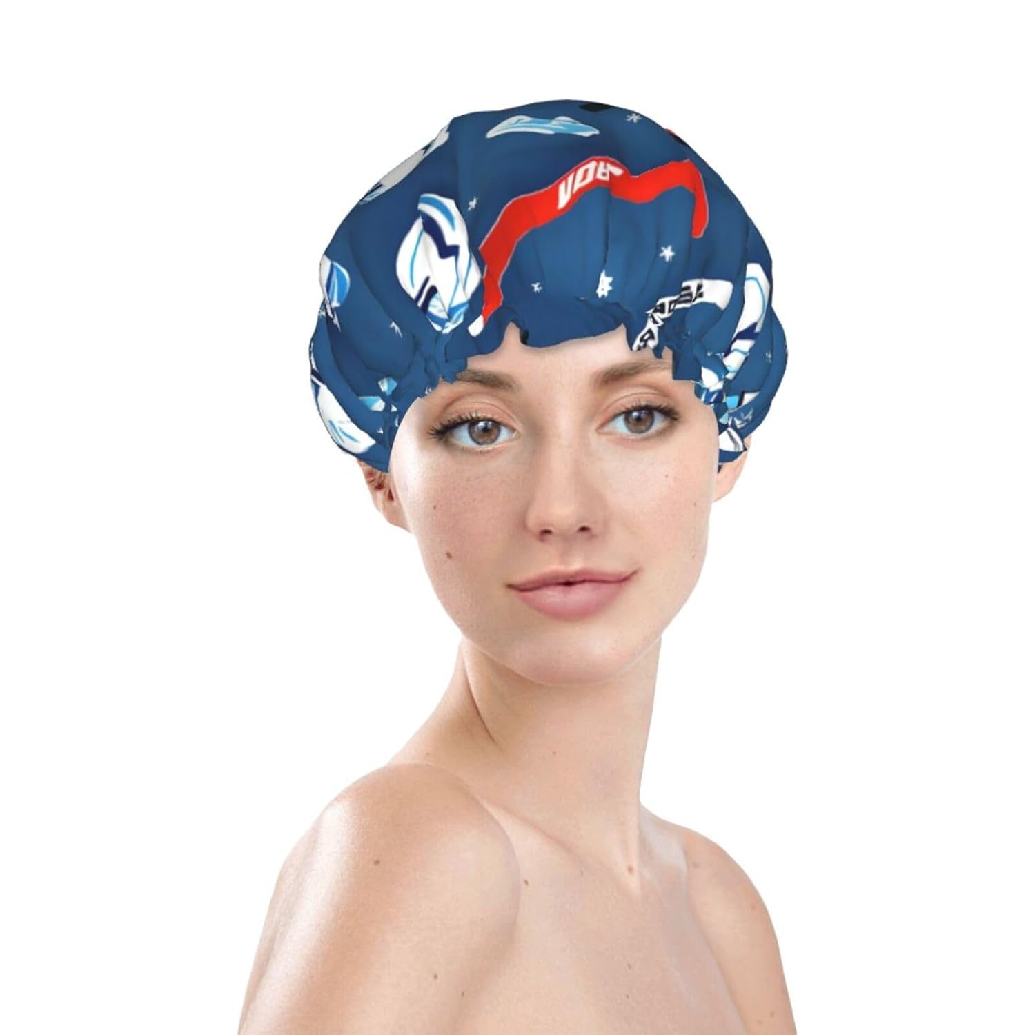 Ice Hockey print Print Reusable Shower Cap for Women,Double Waterproof Layers Bathing Hat,Quick Drying Bath Hair Cap