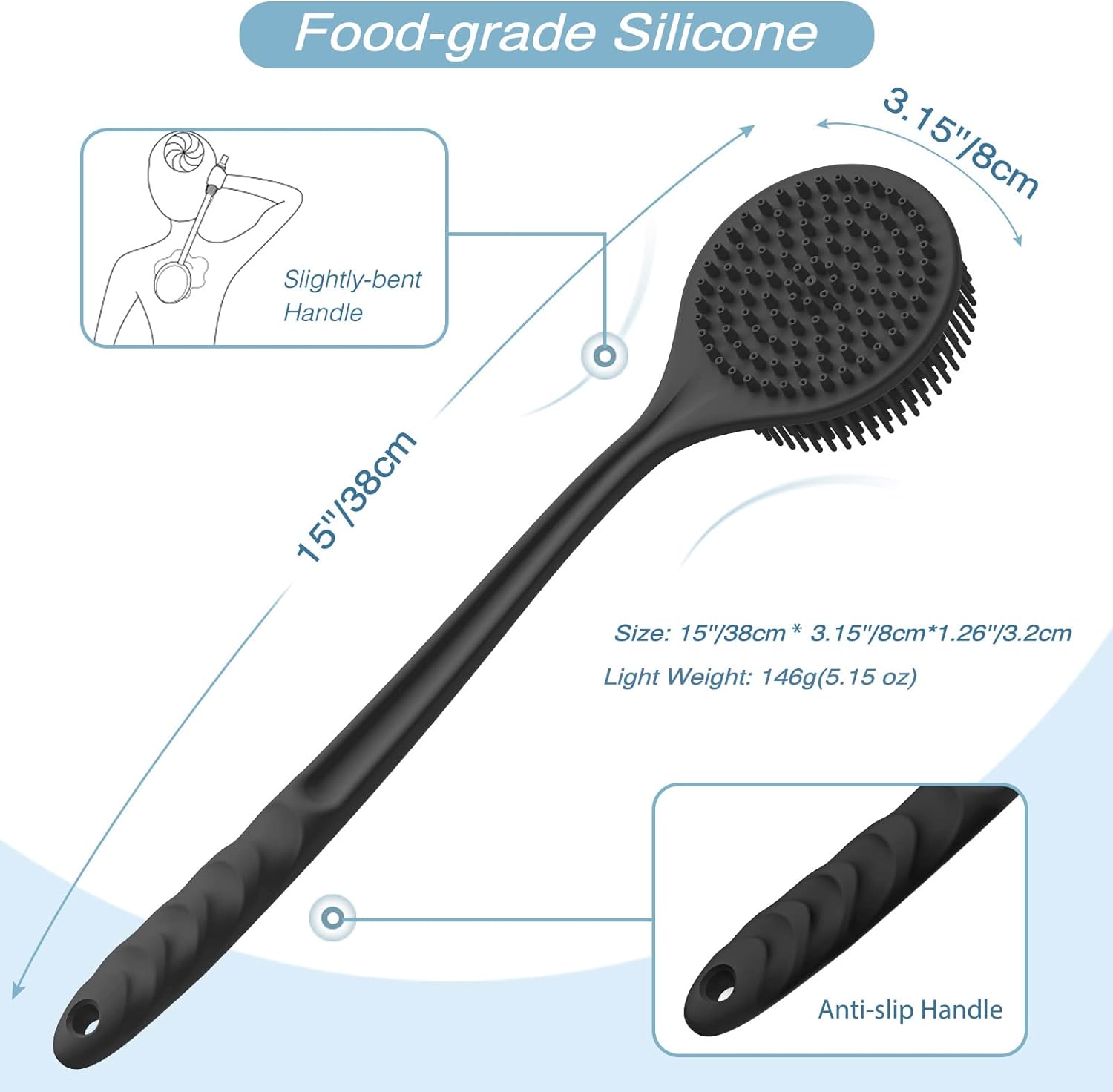 Manmihealth Silicone Back Scrubber(Thick Bristles) & Soft Bath Glove Set, Super-Exfoliating Body Scrubber & Super-Lathering Shower Brush Combination, with a Free Hook.(Black)