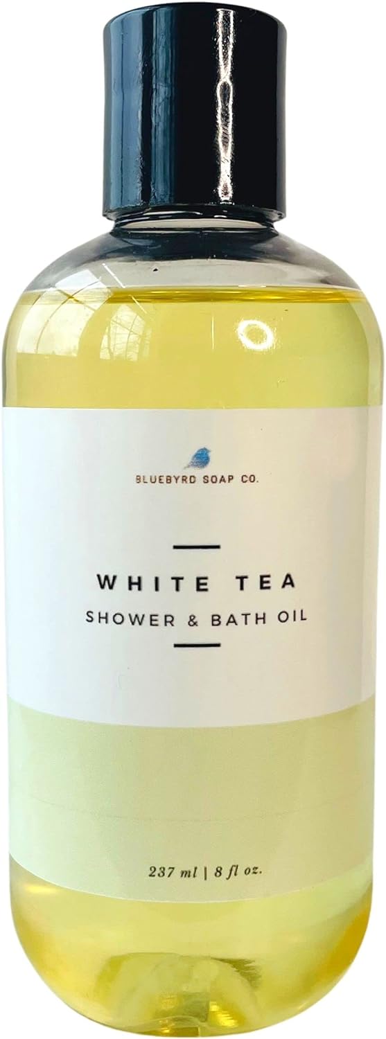 Bluebyrd Soap - White Tea Shower Oil & Bath Oil | Hydrating Plant Based Oils for Bath & Shower | Natural Body Oil Moisturizer | Revitalizing Clean Beauty Bath Oil (White Tea)