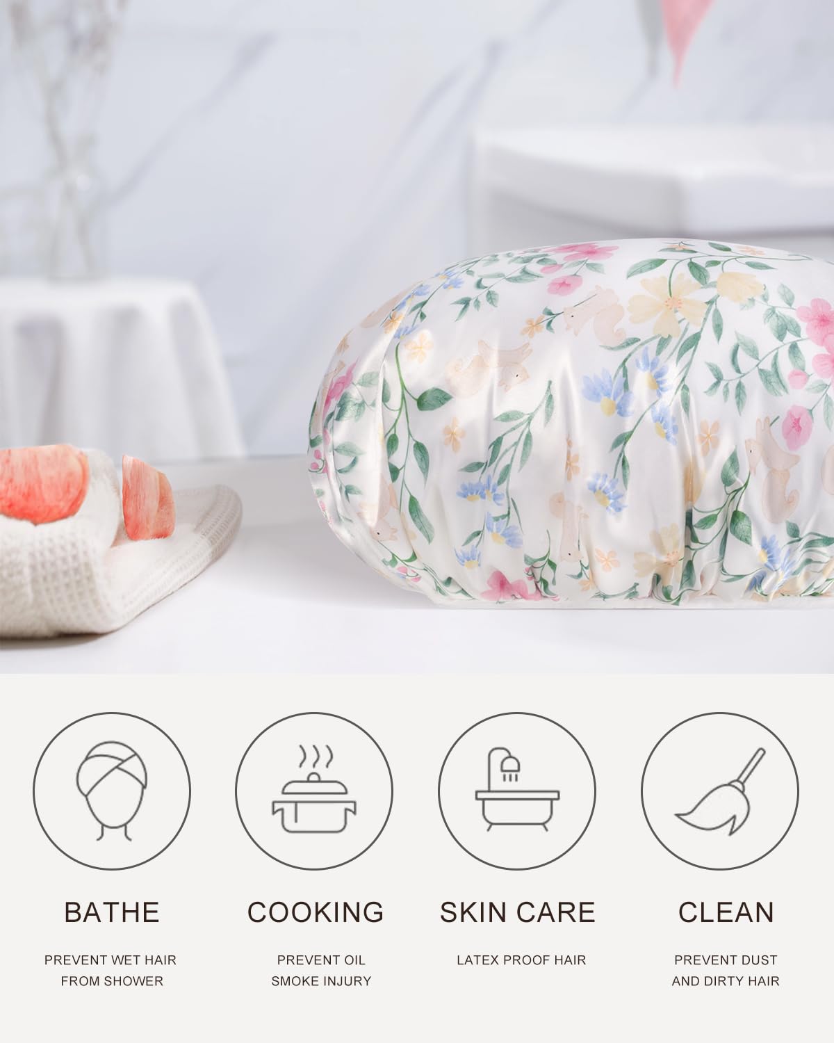 Aquior Shower Cap,Terry Cloth Lined Shower Cap for Women Reusable, Triple Layer Waterproof Bath Cap, Extra Large for Women Long Hair