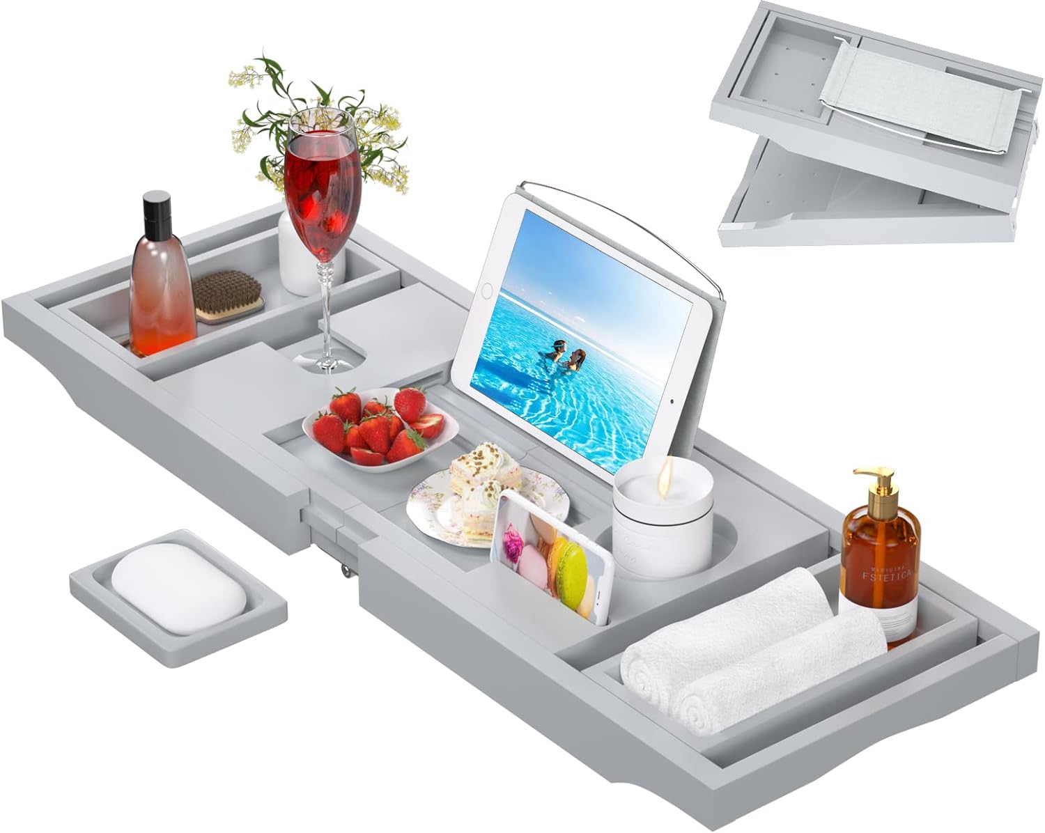 Artmalle Bathtub Caddy Tray for Tub,Foldable Bamboo Bath Table Tray with Book and Wine Glass Holder, Expandable Bathroom Accessories with Free Soap Dish Suitable for Luxury Spa or Reading