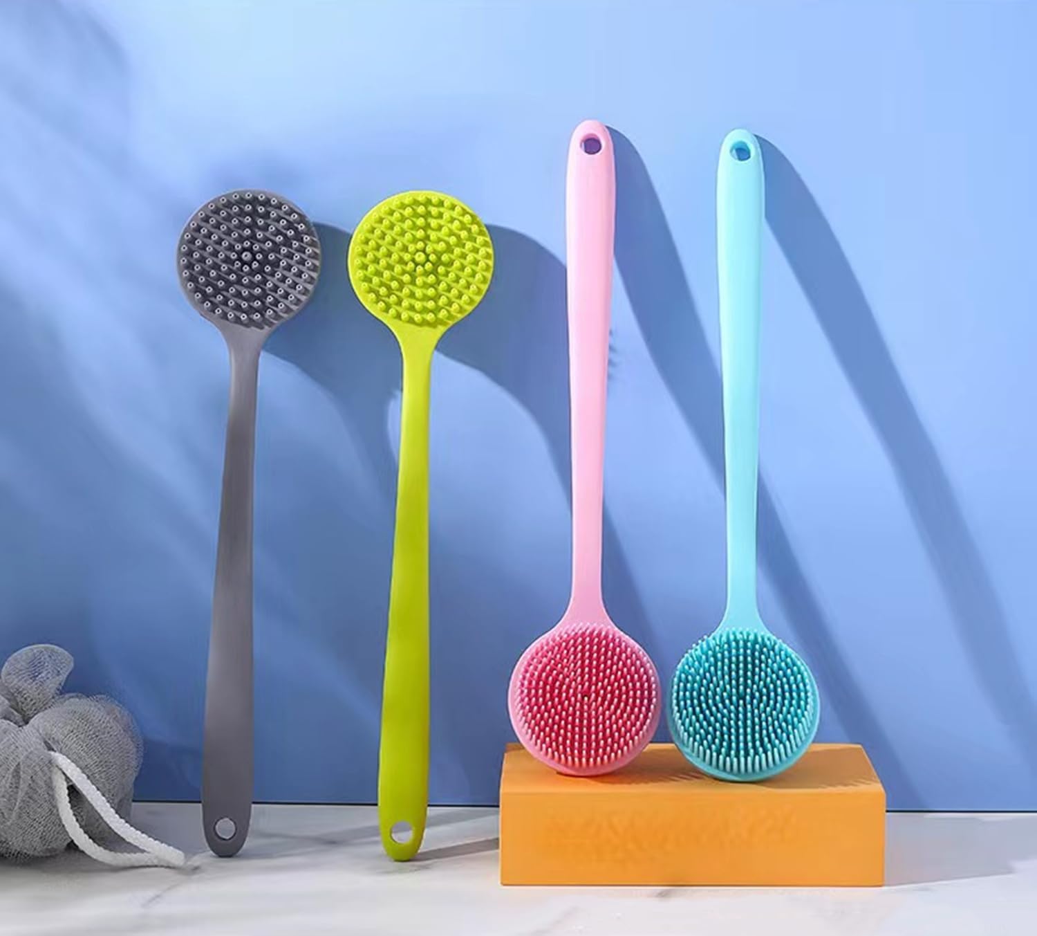 Silicone Back Scrubber for Shower, Body Scrubber with Soft Bristles for Men Women, Long Handle Bath Brush Skin Exfoliator Wet or Dry Body Brush, Shower Back Washer