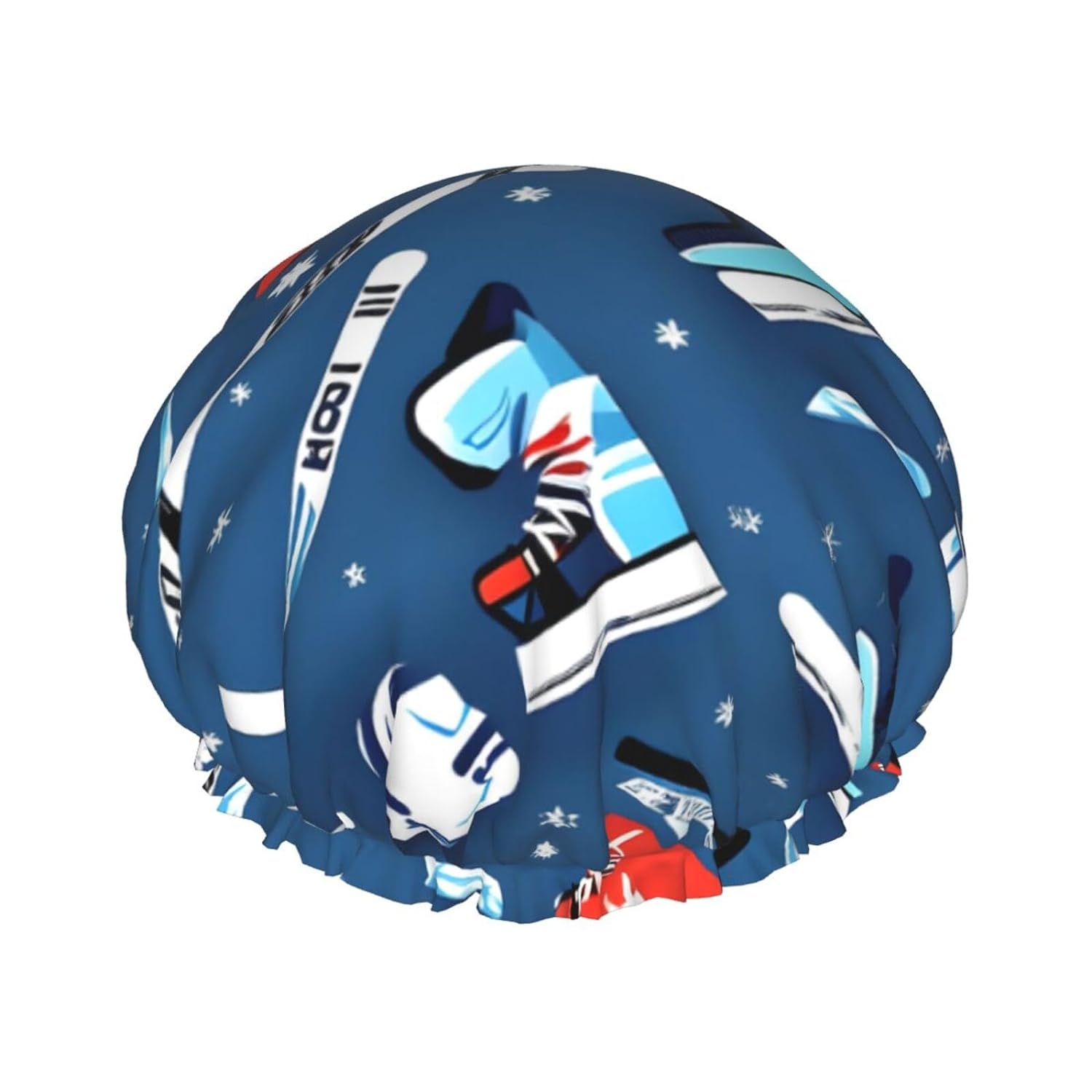 Ice Hockey print Print Reusable Shower Cap for Women,Double Waterproof Layers Bathing Hat,Quick Drying Bath Hair Cap