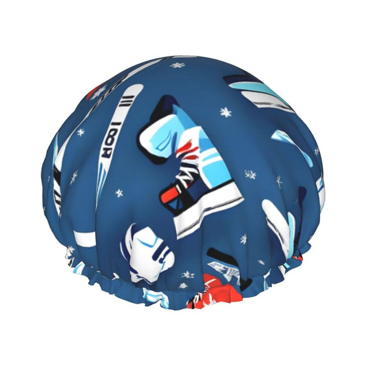 Ice Hockey print Print Reusable Shower Cap for Women,Double Waterproof Layers Bathing Hat,Quick Drying Bath Hair Cap