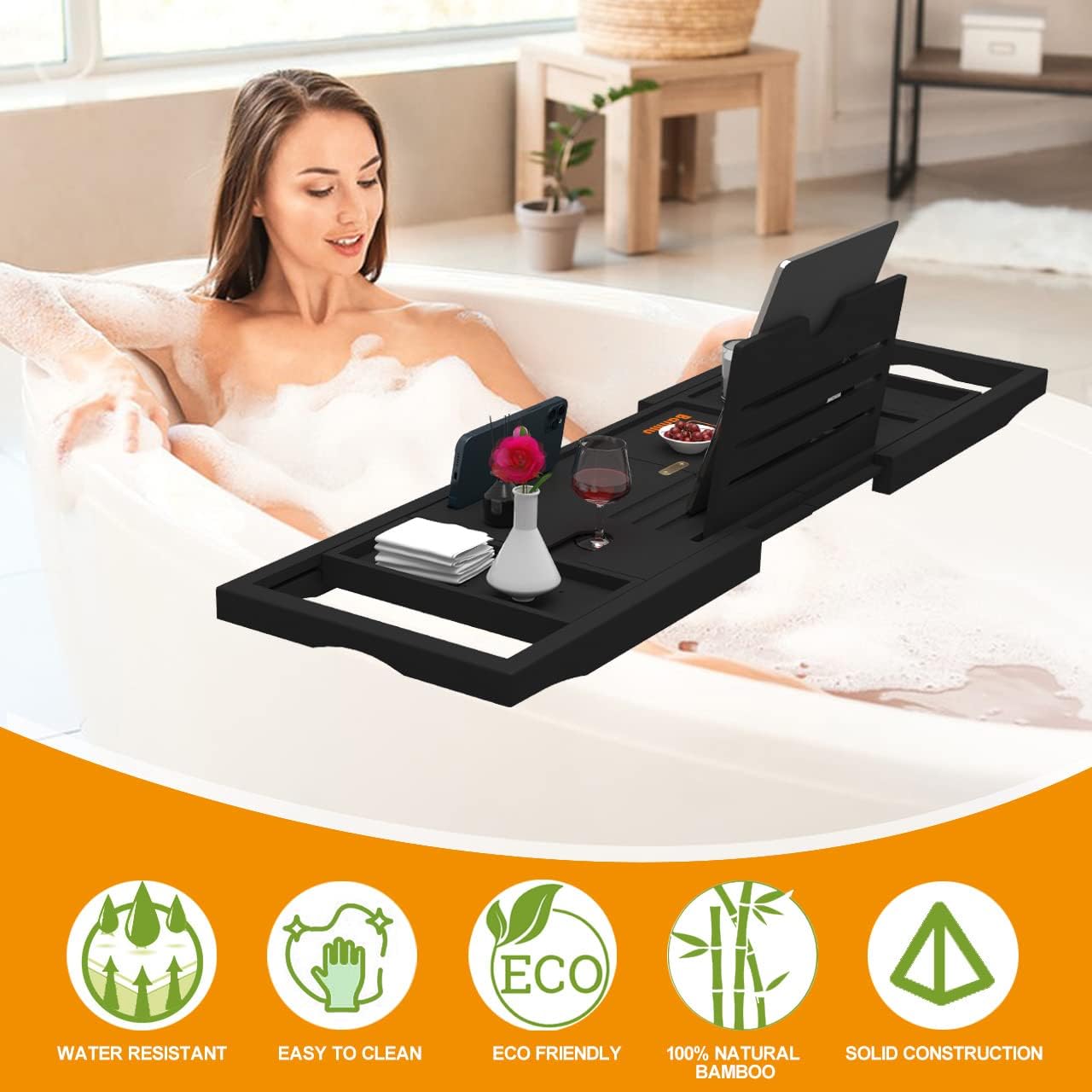 Premium Bathtub Tray Caddy - Bath Tray Bamboo Expandable - Bath Tub Tray Table for Bathtub - Expandable Size, Fits Most Bath Tubs