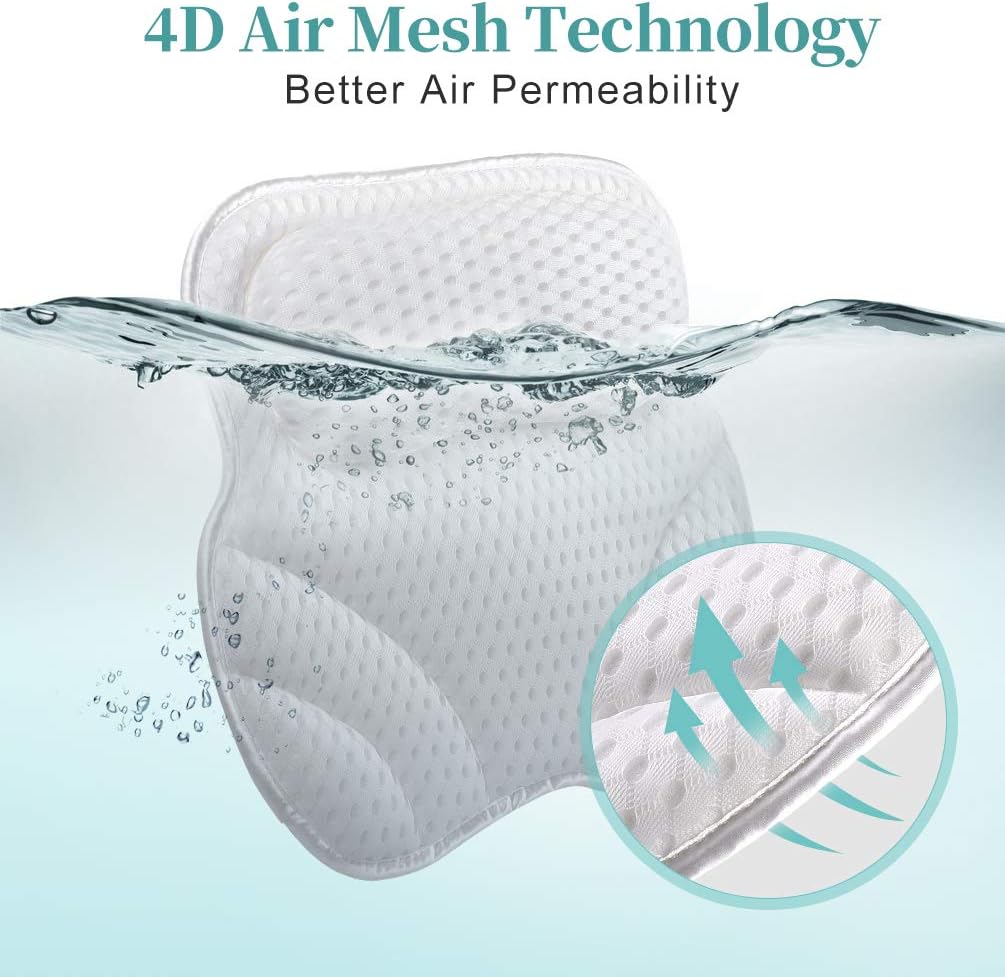 Bath Pillow Bathtub Spa Accessories - Bath Pillows for Tub Neck & Back Body Support Mat Cushion Bubble Bath Tub Shower Pillow Headrest Luxury with 4D Air Mesh & 6 Non-Slip Suction Cups