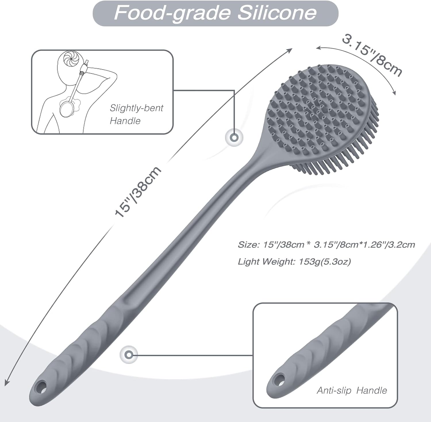 Manmihealth Silicone Back Scrubber(Thick Bristles) & Soft Bath Glove Set, Super-Exfoliating Body Scrubber & Super-Lathering Shower Brush Combination, with a Free Hook.(Black)