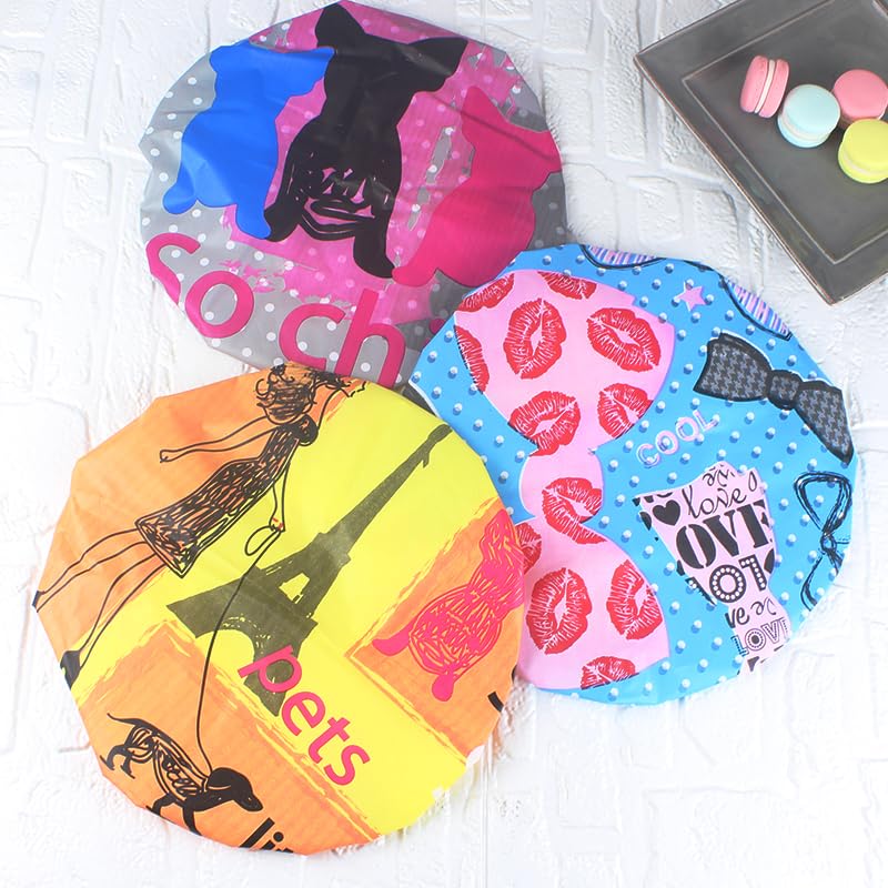 4Pcs Shower Caps, Waterproof Bath Caps Plastic Reusable Shower Caps Elastic Band Bath Hair Caps for Women Kids (P-3)