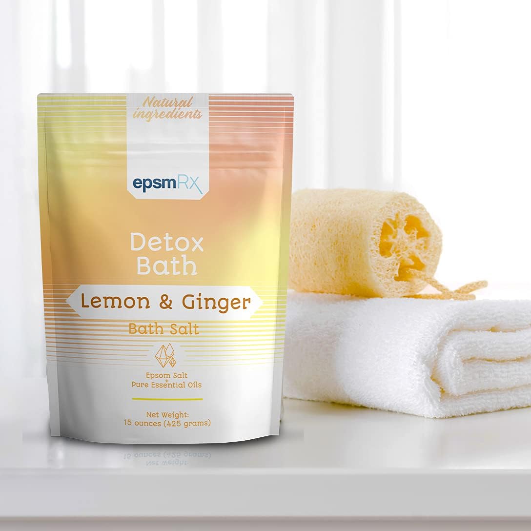 epsmRx Detox Bath Salt 15 Oz Epsom Salt Bath Soak Pouch, Lemon Essential Oil, Ginger Essential Oil