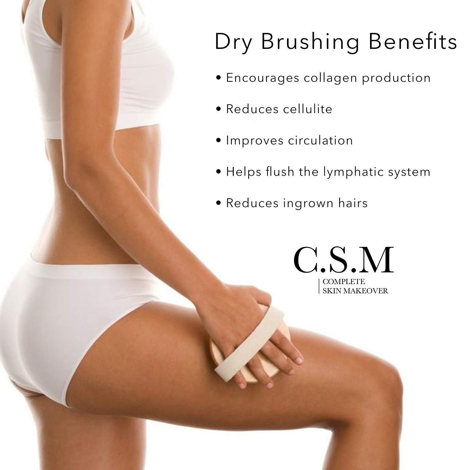 CSM Dry Body Brush for Beautiful Skin - Solid Wood Frame & Boar Hair Exfoliating Brush to Exfoliate & Soften Skin, Improve Circulation, Stop Ingrown Hairs, and Reduce The Appearance Cellulite