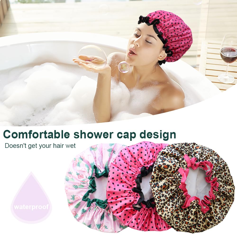 NAIHOD 3 Pieces Shower Cap,Reusable Shower Caps Waterproof, Double Waterproof Layers Bathing Shower Hat, Soft Comfortable EVA Lined Shower Hat, Protection Hair Bath Women Caps