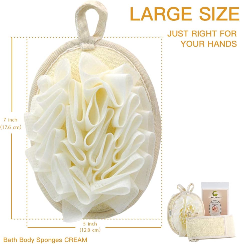 CROVIN Shower Puff 4 Pack Bath Sponge Shower Loofahs Pouf Large 7x5 Premium Exfoliating Mesh Puffs for Men and Women-Elastic Hand Strap Body Brush to Soothe, Cleanse Your Skin