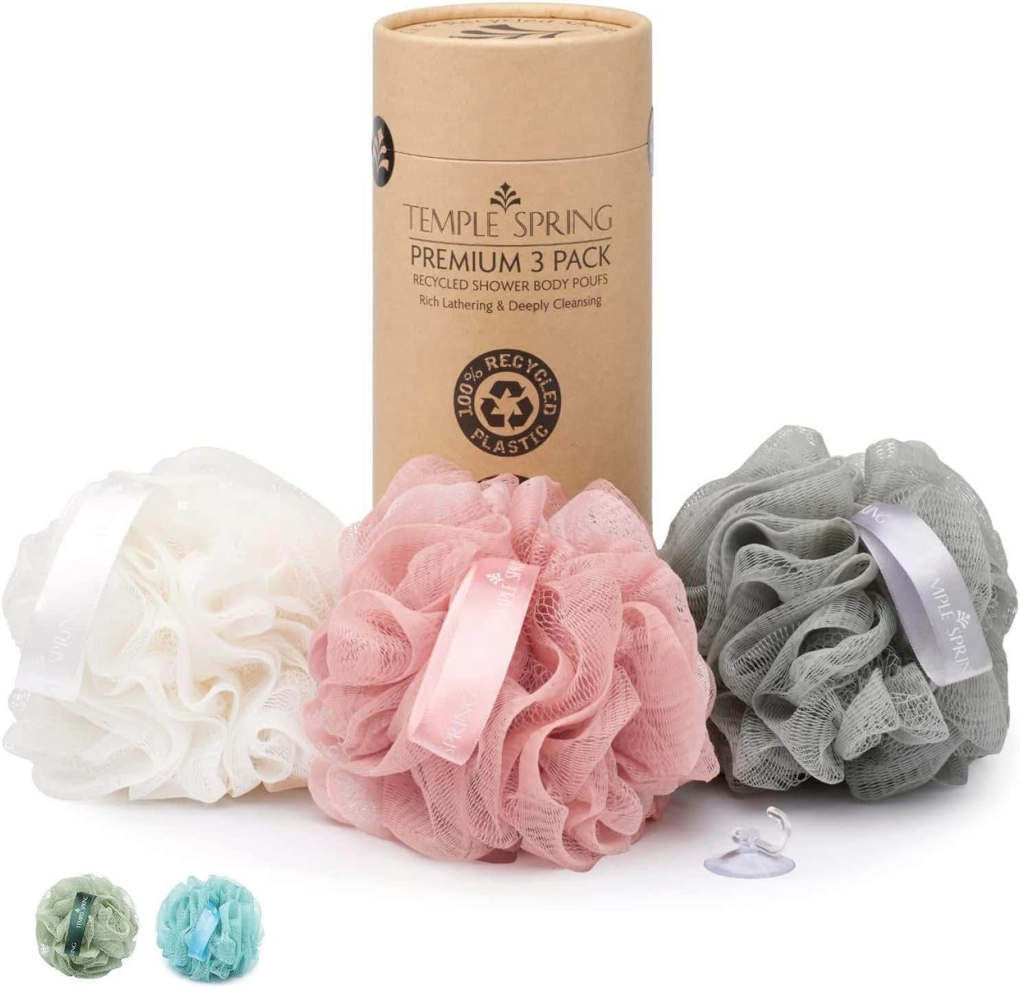 Shower Loofahs - 3 pack Natural Recycled Shower Poufs and Skin Scrubber Set for Men and Women - Exfoliating Body Bath Scrunchies Sponges for Bathroom & Shower