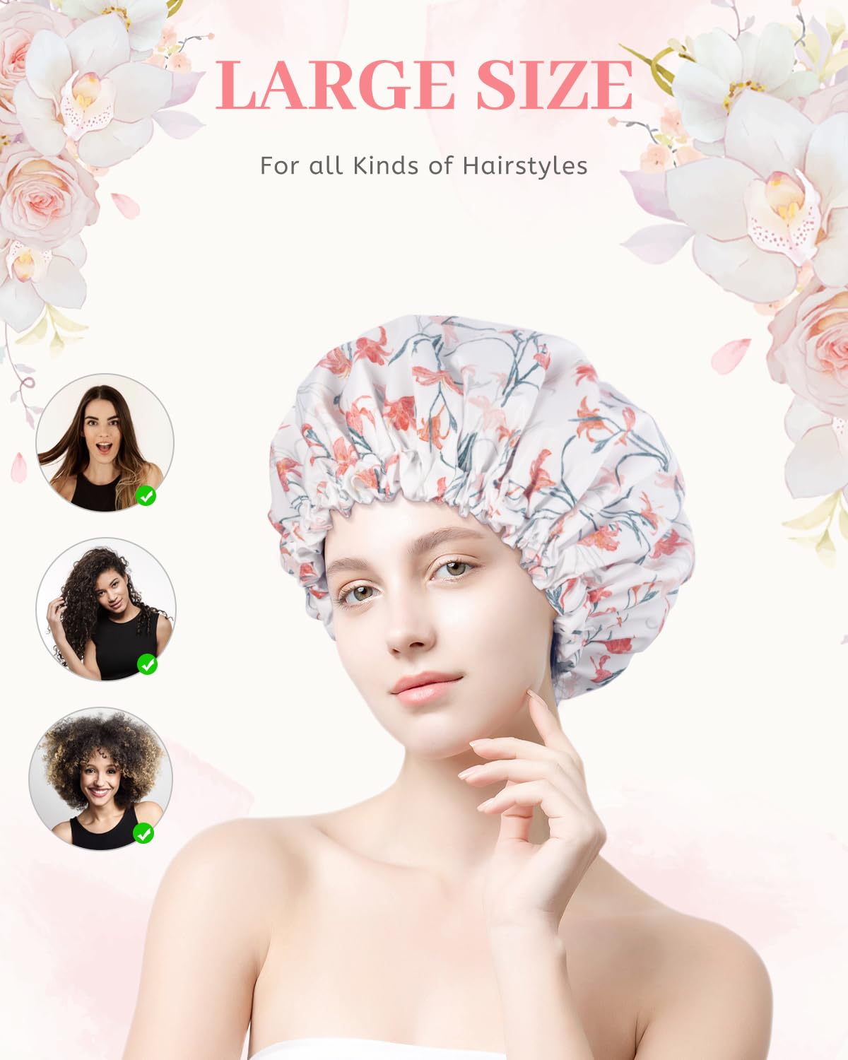 Aquior Shower Caps, Double Layer Waterproof Shower Cap for Women, Reusable Large Shower Cap for all Hair Lengths with EVA Lining, Soft Bath Shower Caps