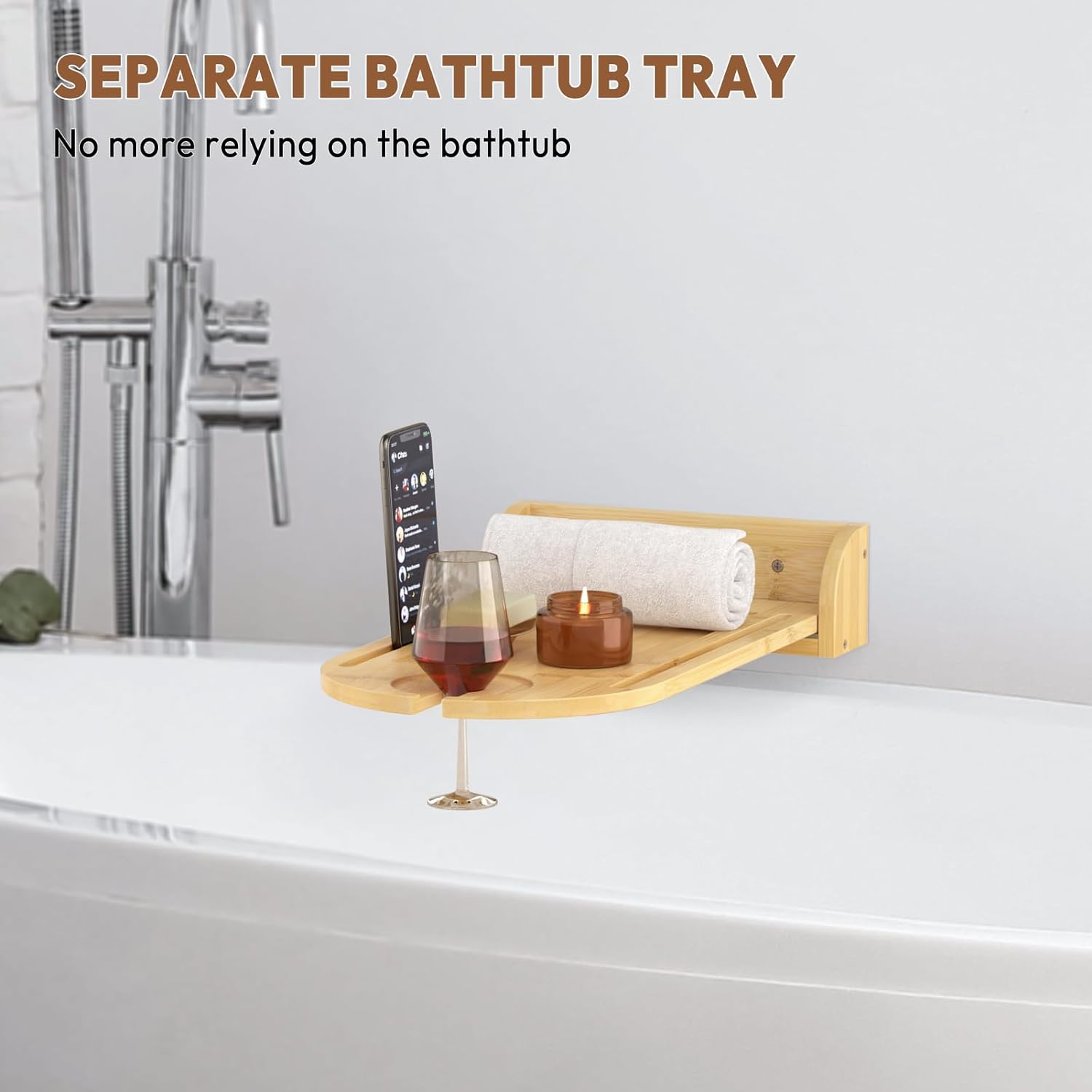 Yumkfoi Foldable Bathtub Side Tray with Adjustable Height, Bamboo Bath Table for Tubs Against Wall, Liftable Tub Caddy Shelf for Luxury Bath Spa and Gift Idea - Patent Protected (Non Freestanding)