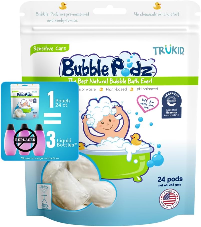 TruKid Bubble Podz for Baby, Refreshing Bubble Bath for Dry, Sensitive & Soft Skin, pH Balanced for Eye Sensitivity, Enriched with Lavender Flower, Lavender Scent, All Natural Ingredients (24 Podz)