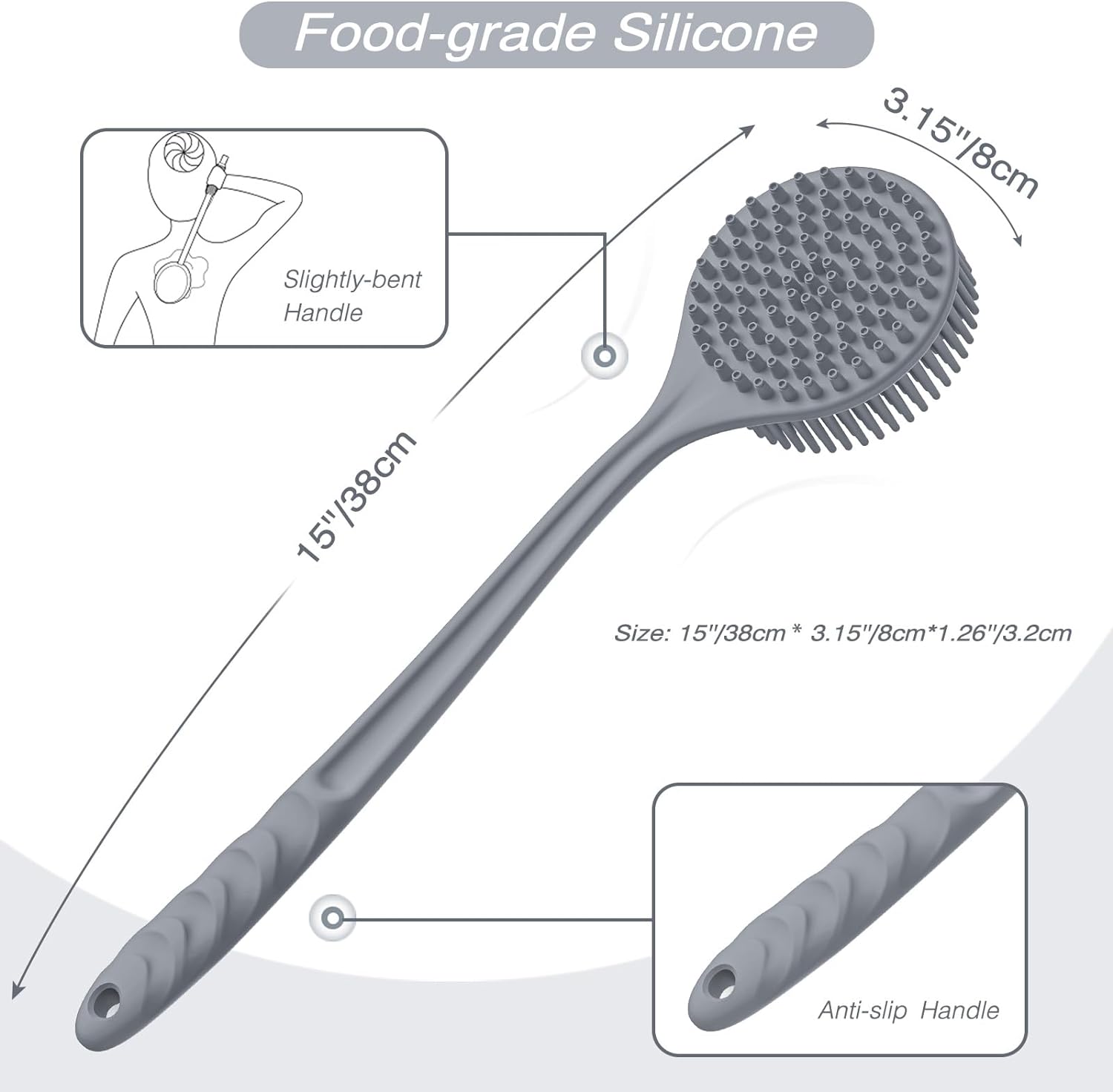 Manmihealth Silicone Back Scrubber(Thick Bristles) & Soft Bath Glove Set, Super-Exfoliating Body Scrubber & Super-Lathering Shower Brush Combination, with a Free Hook.(Black)