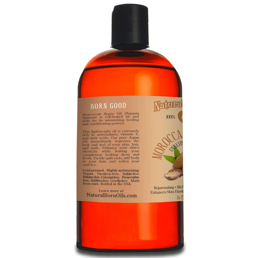 Natural Born Oils Aceite de argán marroquí. 16oz. 100% puro y natural, prensado en frío, orgánico. Hidratante natural para tu piel y cabello