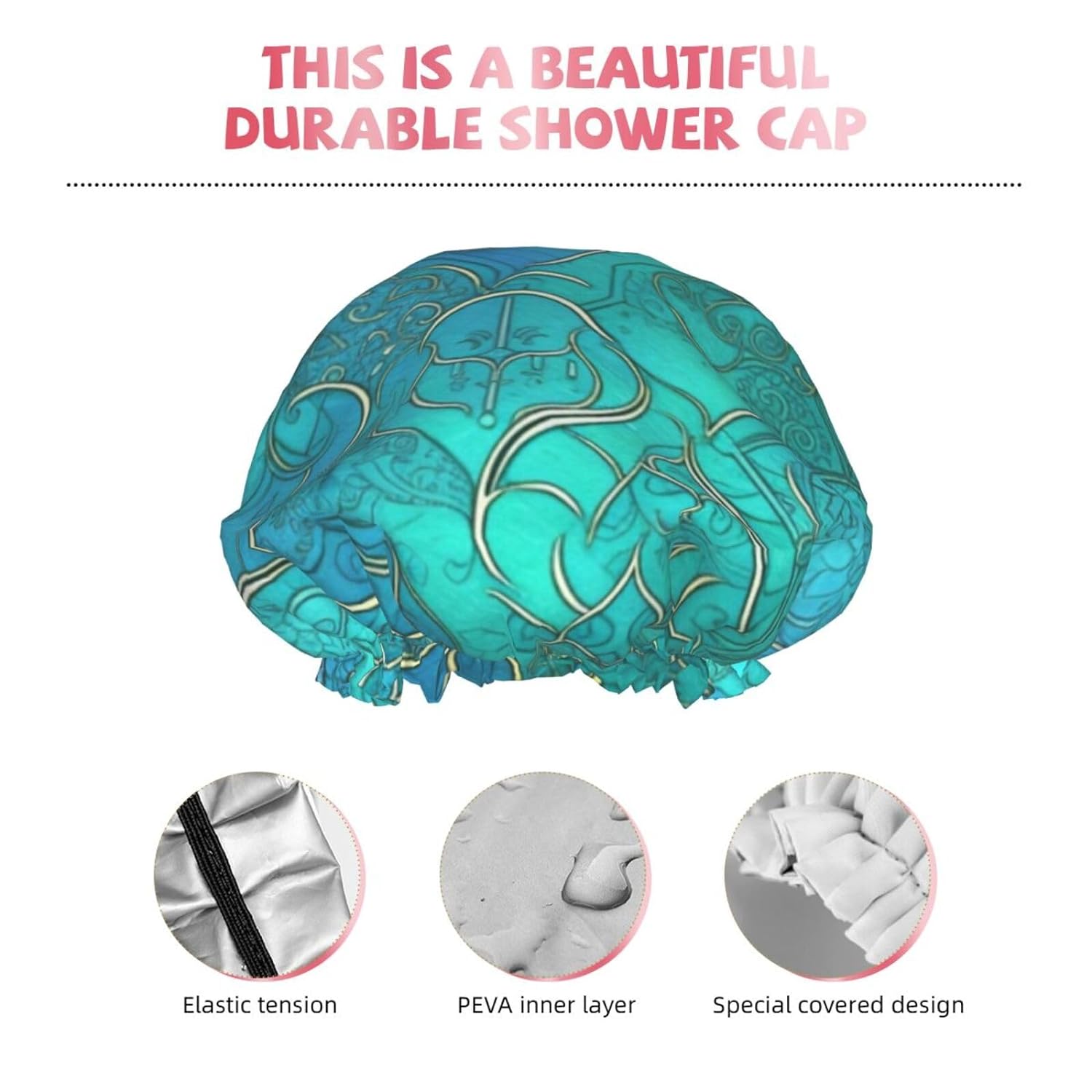 Turquoise Pattern Printed Shower Cap For Women Double Layer Waterproof Bath Hair Hat Reusable Bath Caps Elastic Hair Protection Ladies Spa Salon Bathing Shower Hat