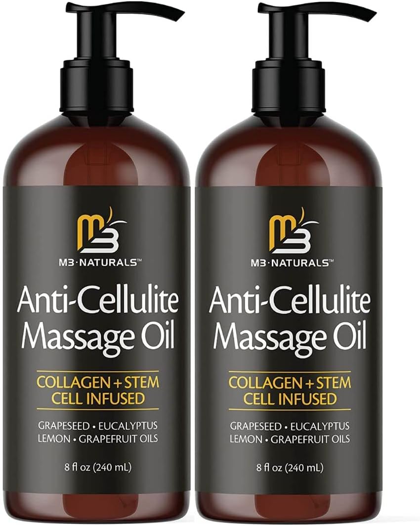 Anti Cellulite Massage Oil and Sore Muscle Body Oil | Massage Oil for Massage Therapy | Collagen and Stem Cell Skin Tightening Cellulite Cream and Massage Lotion for Women 8 Fl Oz by M3 Naturals