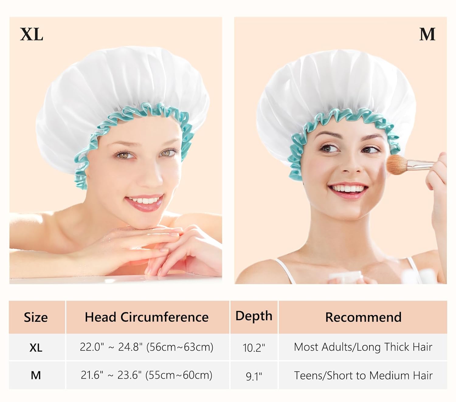 mikimini White Shower Cap Waterproof Reusable, Double Layers Bathing Hair Cap with Soft Comfortable PEVA Lining, Cute, Non-fading & Stretchy Shower Hat Medium (Pack of 1) White