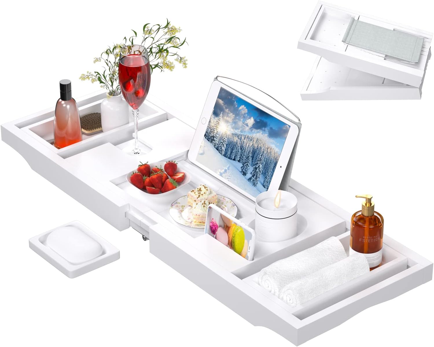 Artmalle Bathtub Caddy Tray for Tub,Foldable Bamboo Bath Table Tray with Book and Wine Glass Holder, Expandable Bathroom Accessories with Free Soap Dish Suitable for Luxury Spa or Reading