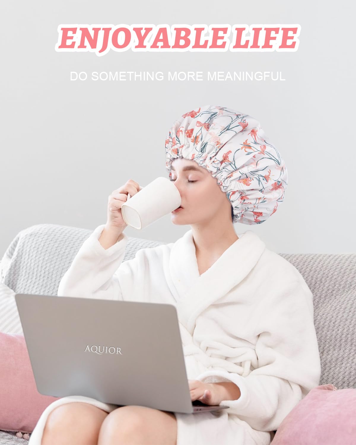 Aquior Shower Caps, Double Layer Waterproof Shower Cap for Women, Reusable Large Shower Cap for all Hair Lengths with EVA Lining, Soft Bath Shower Caps