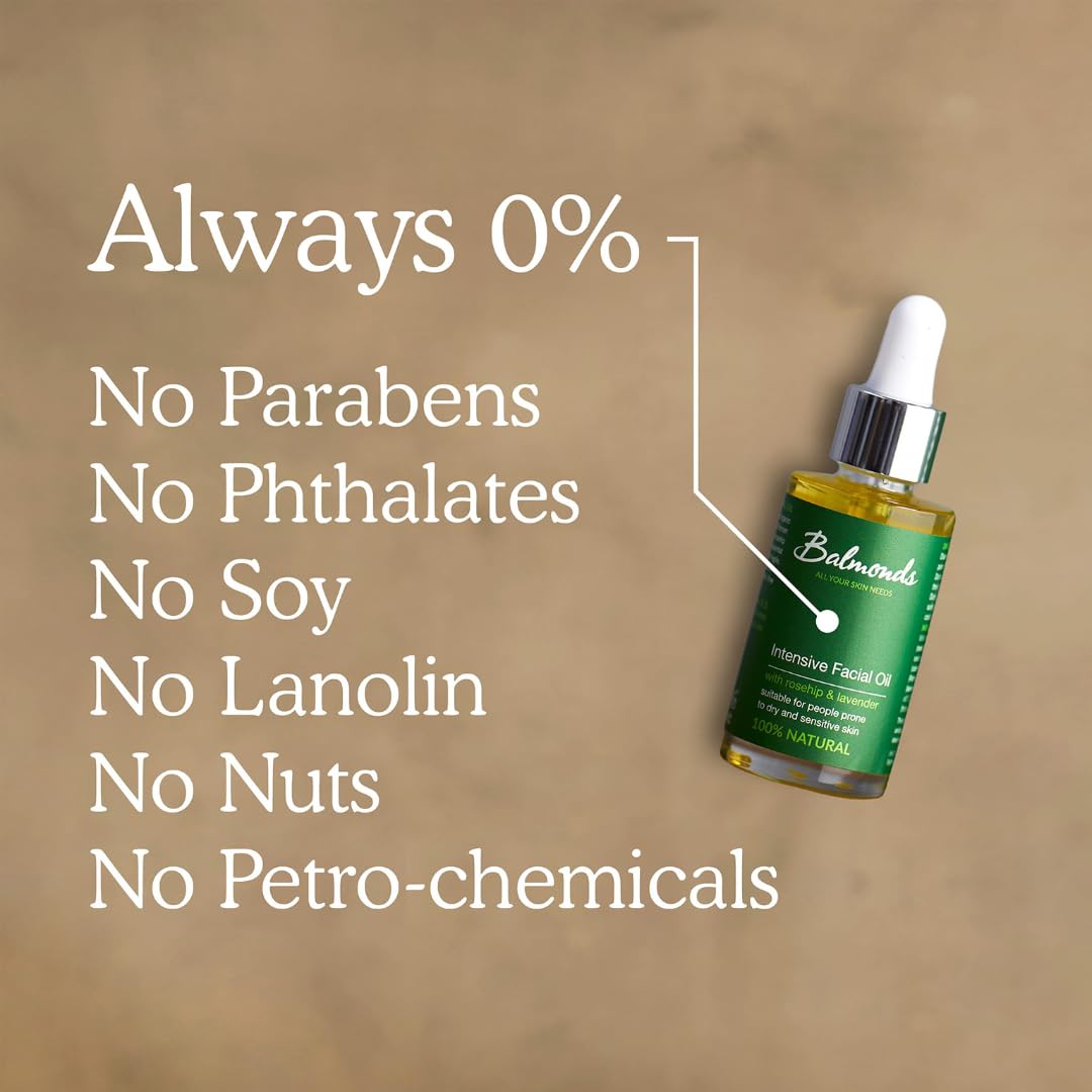 Balmonds Aceite facial intensivo, aceite de piel 100% natural para piel seca y sensible, sin fragancia y fabricado con aceite de vitamina E, vegano y libre de crueldad (1.1 oz)