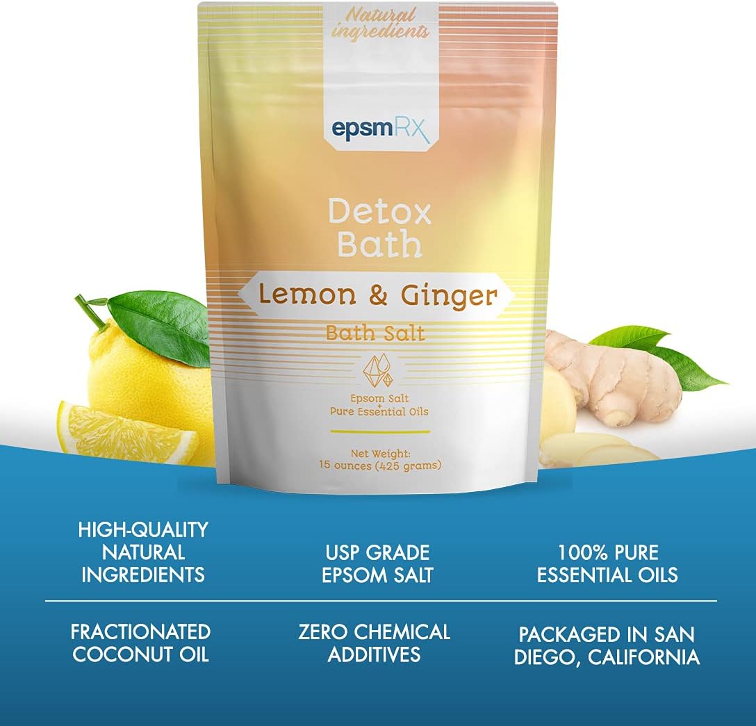 epsmRx Detox Bath Salt 15 Oz Epsom Salt Bath Soak Pouch, Lemon Essential Oil, Ginger Essential Oil
