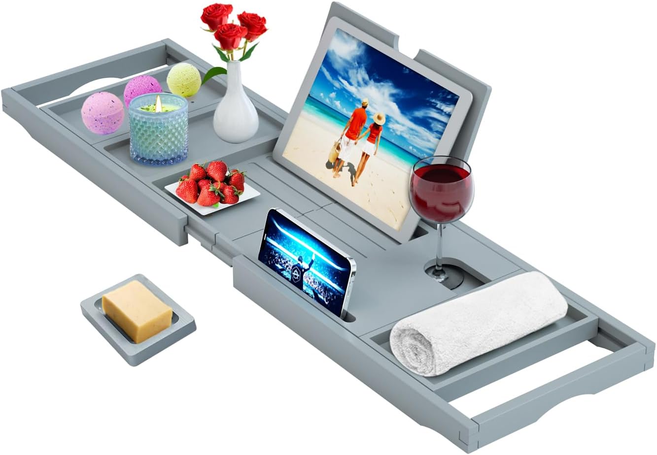 Premium Bathtub Tray Caddy - Bath Tray Bamboo Expandable - Bath Tub Tray Table for Bathtub - Expandable Size, Fits Most Bath Tubs