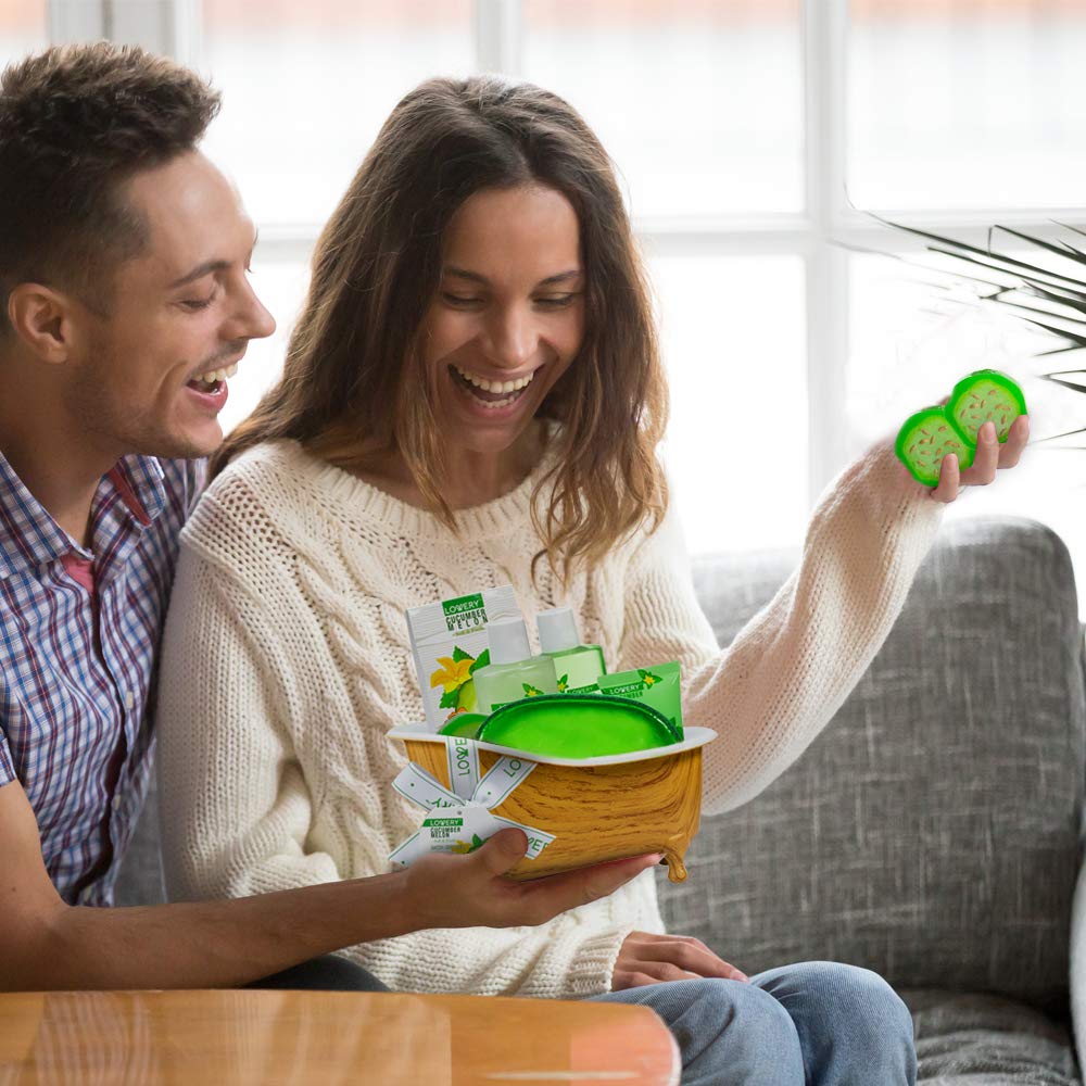 Valentines Day Gifts, Home Spa Bath Basket Gift Set - Aromatherapy Kit for Men & Women - Natural Cucumber with Organic Melon - 12 Piece Skin Care Set Includes 2 Organic Melon Soaps, Body Lotion & More