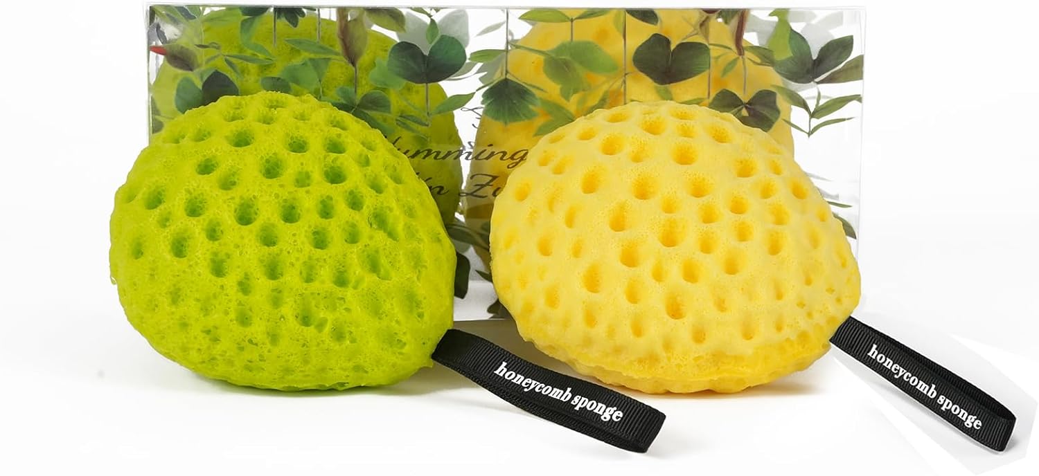 Bath Sponge Set by YABAHU: Luxurious Dual-Tone - Revitalizing Lemon Yellow & Fresh Morning Dew Lime Green, Ultra-Soft Eco-Friendly Material, Expandable Artistry