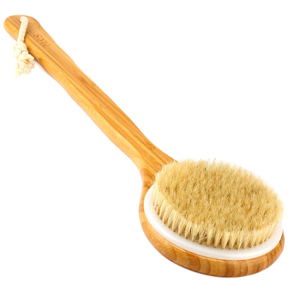H&S Long Handled Back Brush for Skin Exfoliating with Natural Bristles - Back Body Brush for Dry Brushing and Scrubber for Shower - Bamboo Wood Back Brush Men & Women