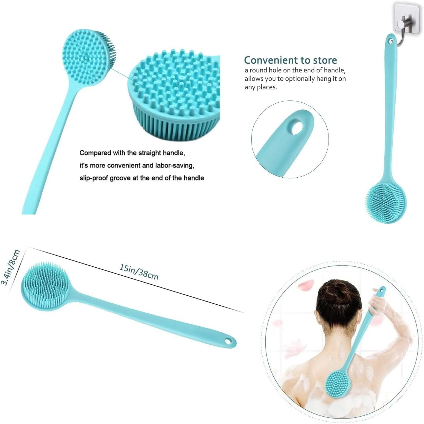 Silicone Back Scrubber for Shower, Body Scrubber with Soft Bristles for Men Women, Long Handle Bath Brush Skin Exfoliator Wet or Dry Body Brush, Shower Back Washer