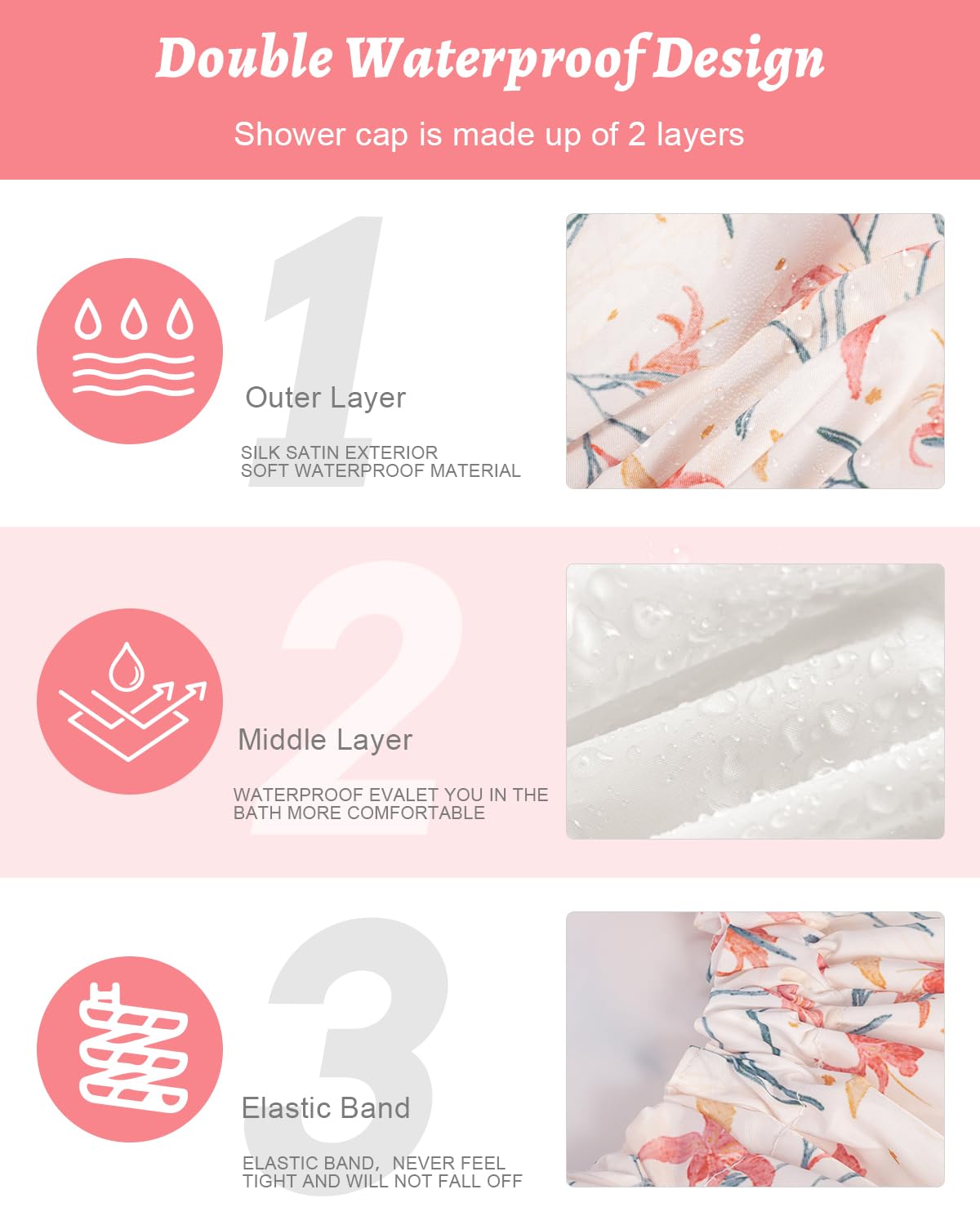 Aquior Shower Caps, Double Layer Waterproof Shower Cap for Women, Reusable Large Shower Cap for all Hair Lengths with EVA Lining, Soft Bath Shower Caps