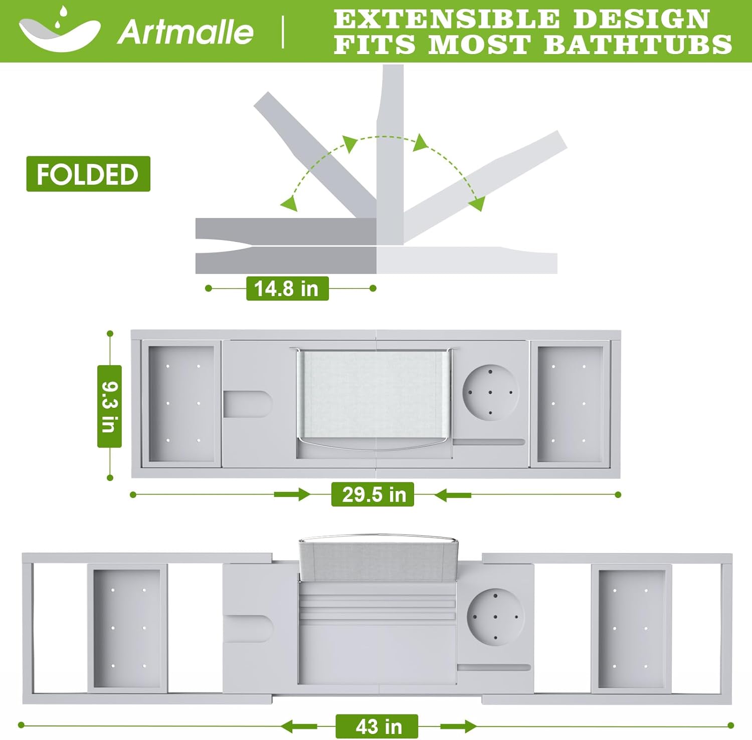 Artmalle Bathtub Caddy Tray for Tub,Foldable Bamboo Bath Table Tray with Book and Wine Glass Holder, Expandable Bathroom Accessories with Free Soap Dish Suitable for Luxury Spa or Reading