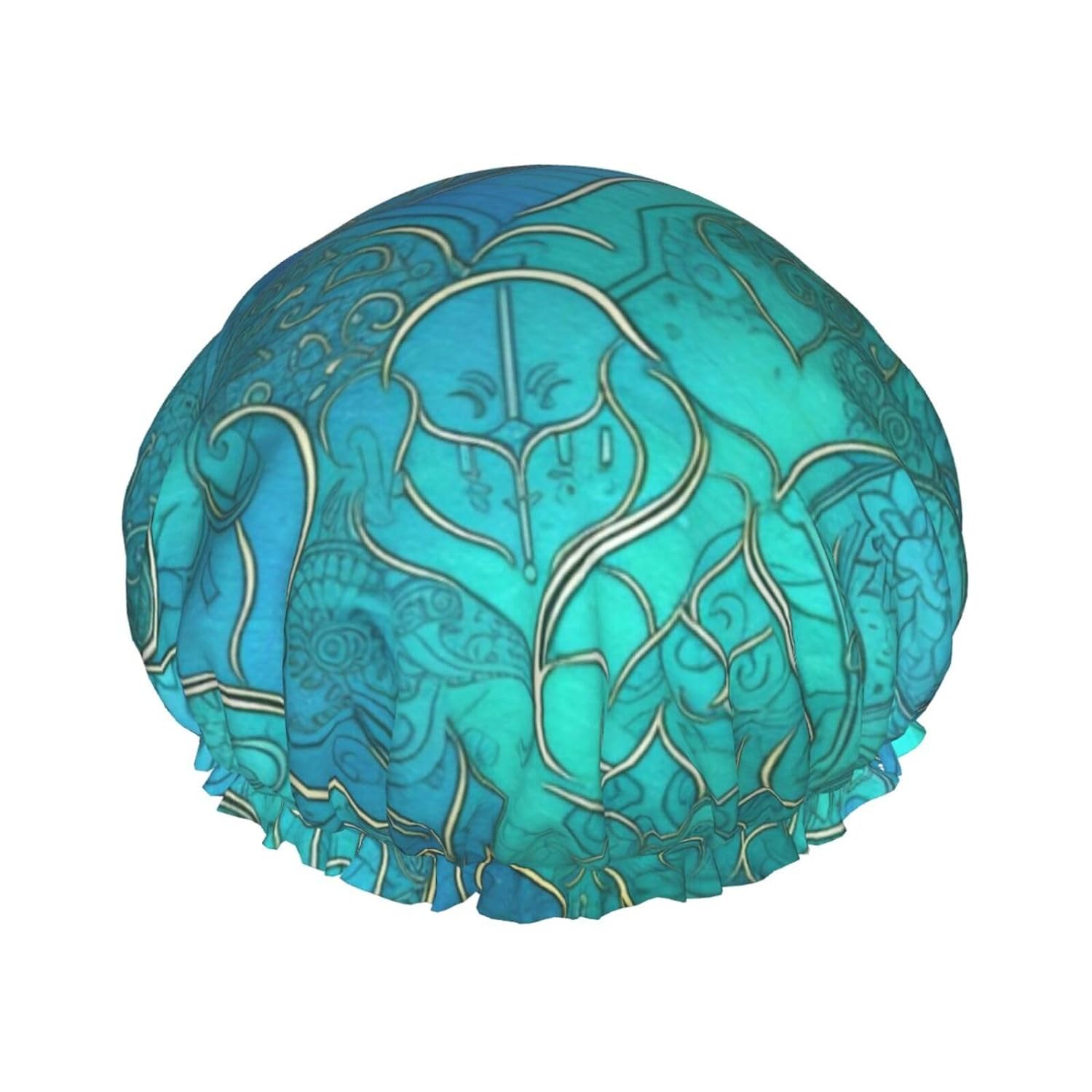 Turquoise Pattern Printed Shower Cap For Women Double Layer Waterproof Bath Hair Hat Reusable Bath Caps Elastic Hair Protection Ladies Spa Salon Bathing Shower Hat
