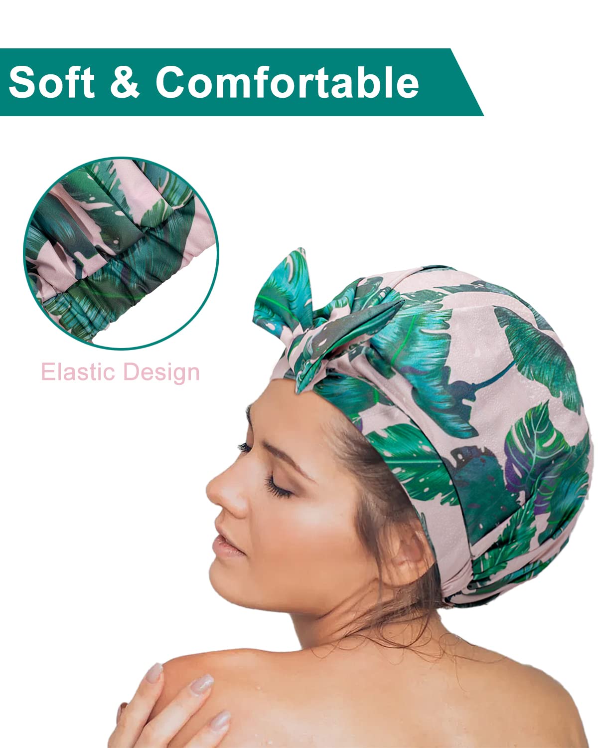 Auban Shower Cap Reusable,Ribbon Bow Bath Cap Large Design With Waterproof Exterior for All Hair Lengths,Great for Girls Spa Home Use,Hotel and Hair Salon (Green)