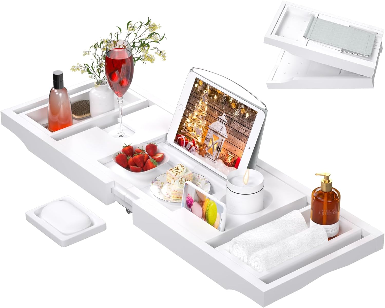 Artmalle Bathtub Caddy Tray for Tub,Foldable Bamboo Bath Table Tray with Book and Wine Glass Holder, Expandable Bathroom Accessories with Free Soap Dish Suitable for Luxury Spa or Reading