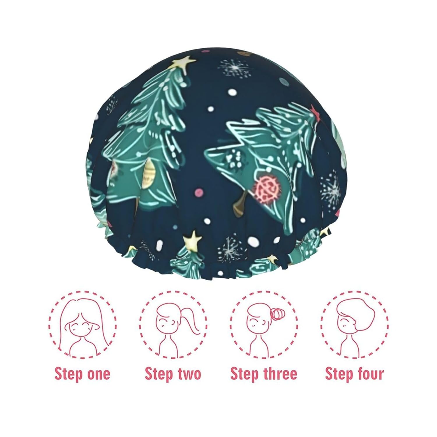 Double Layer Waterproof Shower Cap for Women - Lightweight, Portable, and Reusable Bath Accessory for Long Hair Xmas Tree Ball Stars