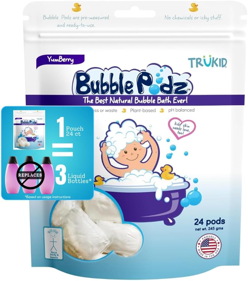 TruKid Bubble Podz for Baby, Refreshing Bubble Bath for Dry, Sensitive & Soft Skin, pH Balanced for Eye Sensitivity, Enriched with Lavender Flower, Lavender Scent, All Natural Ingredients (24 Podz)